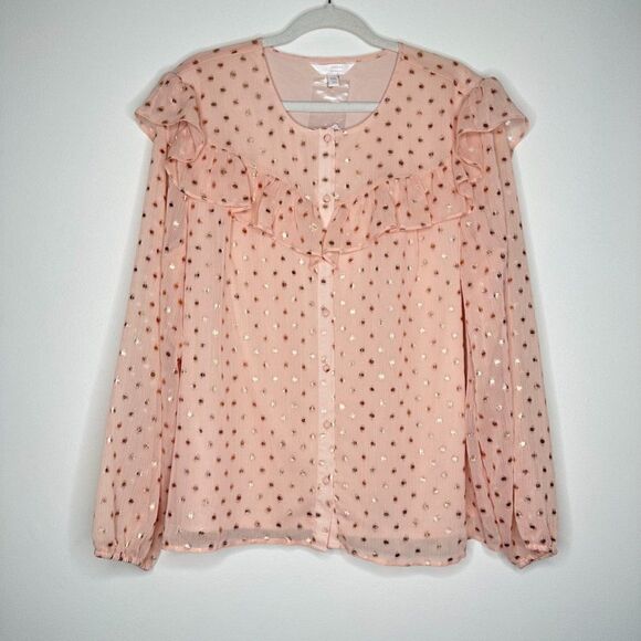 Lauren Conrad pink gold shiny button up blouse cottagecore 100% Polyester - Picture 1 of 5